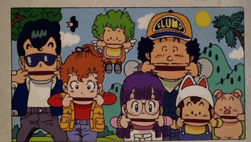 A Group Of Cartoon Characters With One Wearing A Yellow Hat That Says " Arura " GIF