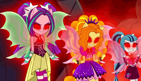 A Group Of Cartoon Characters With Red Eyes And Wings GIF