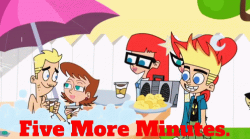 A Group Of Cartoon Characters With The Words Five More Minutes Written Below Them GIF