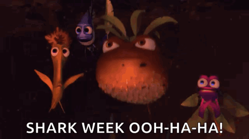 A Group Of Cartoon Characters With The Words Shark Week Ooh-Ha-Ha At The Bottom GIF
