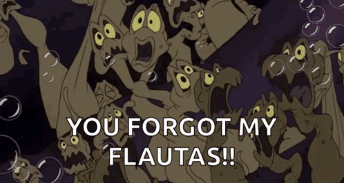 A Group Of Cartoon Characters With The Words " You Forgot My Flutas " On The Bottom GIF