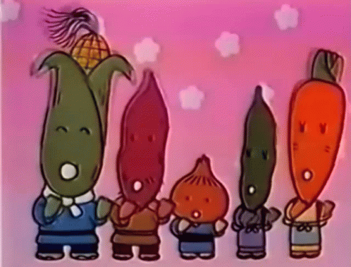 A Group Of Cartoon Characters With Vegetable Faces GIF