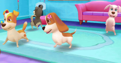 A Group Of Cartoon Dogs Are Running In A Living Room GIF