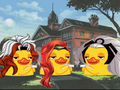 A Group Of Cartoon Ducks Are Sitting In Front Of A Building GIF