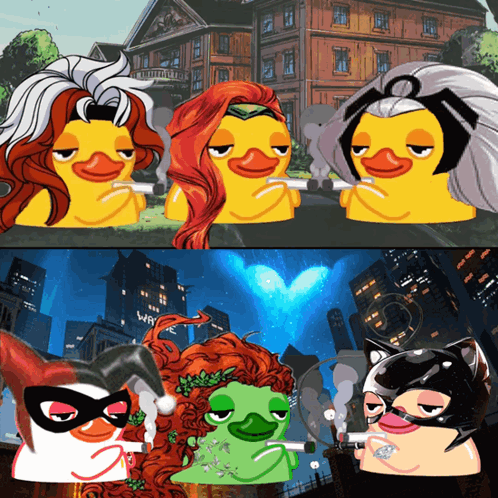 A Group Of Cartoon Ducks Are Standing Next To Each Other With One Wearing A Mask GIF