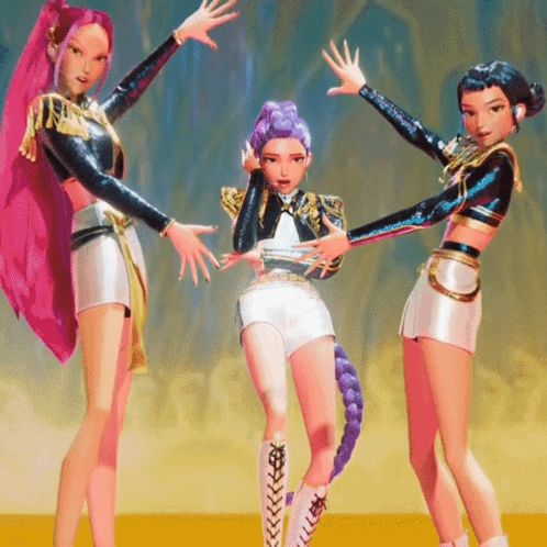 A Group Of Cartoon Girls Are Posing For A Picture With Their Hands In The Air GIF