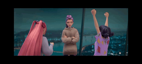 A Group Of Cartoon Girls Are Standing Next To Each Other With Their Arms In The Air . GIF