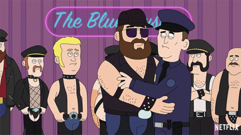 A Group Of Cartoon Men Are Hugging In Front Of A Neon Sign That Says The Blues GIF