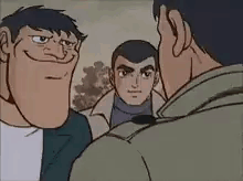 A Group Of Cartoon Men Are Standing Next To Each Other . GIF