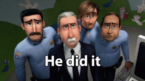 A Group Of Cartoon Police Officers Are Standing Around A Man With The Words He Did It Above Him GIF