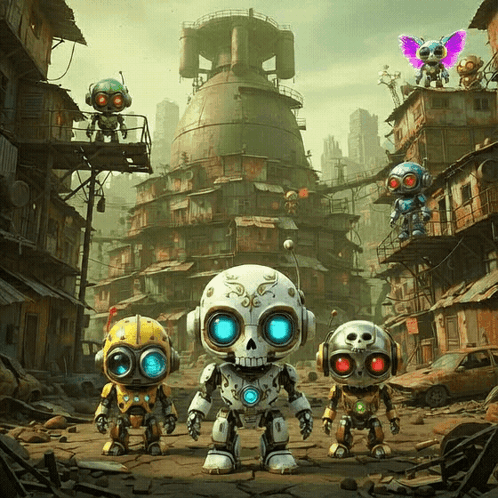 A Group Of Cartoon Robots Are Standing In Front Of A Building GIF