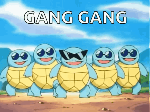 A Group Of Cartoon Turtles Are Standing Next To Each Other With The Words Gang Gang Written Above Them GIF