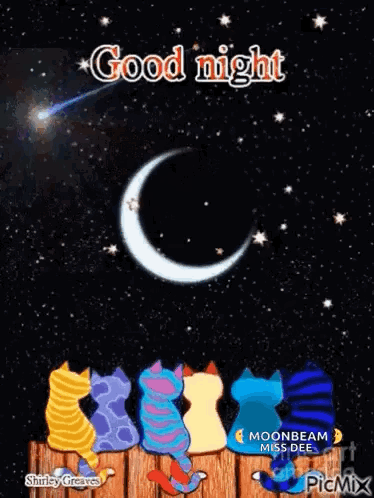 A Group Of Cats Are Sitting On A Wooden Fence Looking At A Crescent Moon . GIF