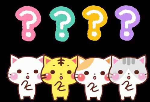 A Group Of Cats Standing Next To Each Other With A Question Mark In The Background GIF