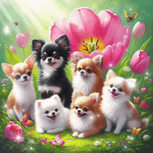 A Group Of Chihuahuas Are Sitting In A Field Of Flowers GIF