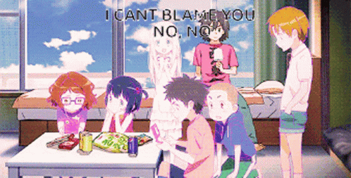 A Group Of Children Are Sitting Around A Table With The Words I Cant Blame You No No GIF