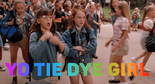 A Group Of Children Are Walking Down A Sidewalk And The Words Yo Tie Dye Girl Are Displayed GIF