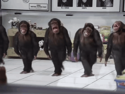 A Group Of Chimpanzees Are Dancing In Front Of A Sign That Says ' Slimmer Emotional Response Chart ' GIF