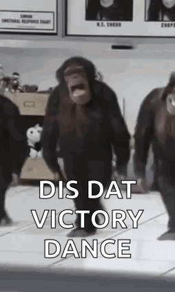 A Group Of Chimpanzees Are Dancing Together In A Room With The Words `` Dis Dat Victory Dance '' . GIF