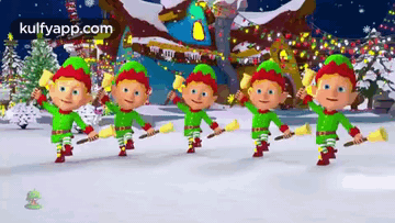 A Group Of Christmas Elves Are Dancing In The Snow . GIF