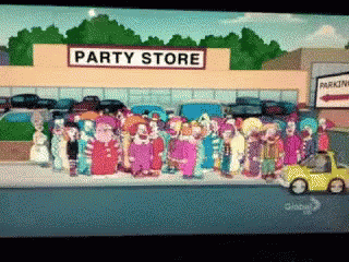 A Group Of Clowns Are Gathered Outside Of A Party Store GIF