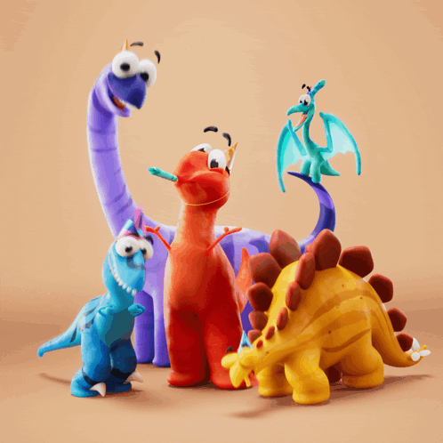 A Group Of Colorful Cartoon Dinosaurs Are Standing Together GIF