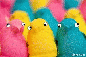 A Group Of Colorful Peeps With Googly Eyes Are Lined Up In A Row GIF