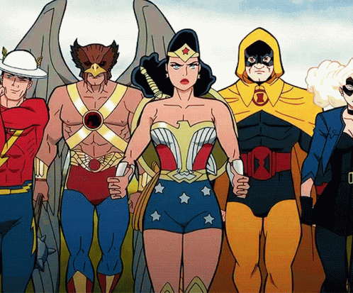 A Group Of Comic Book Characters Including Wonder Woman And Hawkman Stand Together GIF
