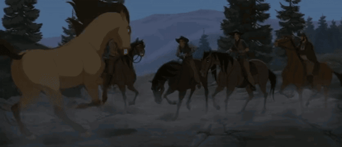 A Group Of Cowboys Are Riding Horses In A Cartoon Scene GIF