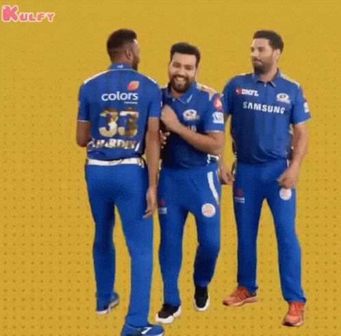a group of cricket players in blue uniforms are standing next to each other on a yellow background .