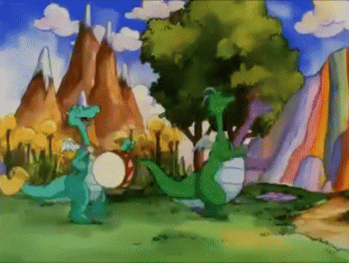 A Group Of Dinosaurs Are Playing A Drum In A Cartoon Landscape . GIF