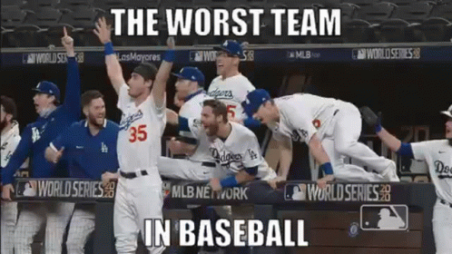 A Group Of Dodgers Baseball Players Celebrate In The Dugout GIF