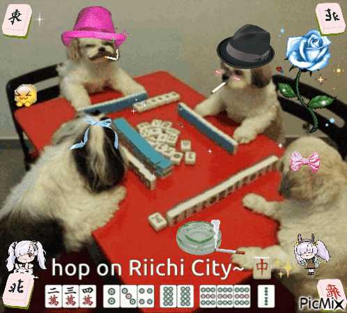 A Group Of Dogs Are Playing A Game Of Mahjong And The Caption Says Hop On Riichi City GIF