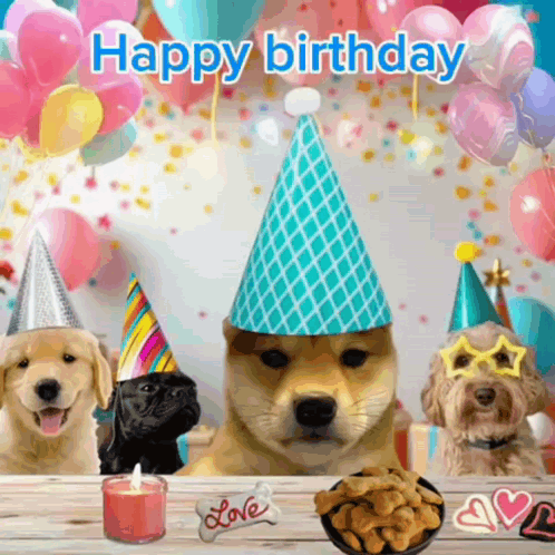 A Group Of Dogs Wearing Party Hats With The Words Happy Birthday Written Above Them GIF