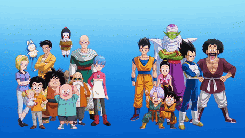 A Group Of Dragon Ball Characters Are Standing Together On A Blue Background GIF