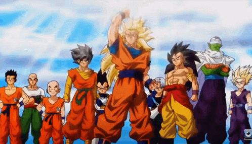 A Group Of Dragon Ball Characters Standing Next To Each Other On A Blue Background GIF