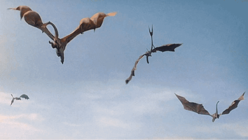 A Group Of Dragons Are Flying Over A City With Mountains In The Background GIF