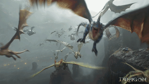A Group Of Dragons Are Flying Over A Cliff With The Word Dragon On The Bottom GIF