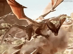 A Group Of Dragons Are Flying Over A Rocky Area . GIF