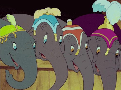 A Group Of Elephants Are Standing Next To Each Other And Wearing Different Hats GIF