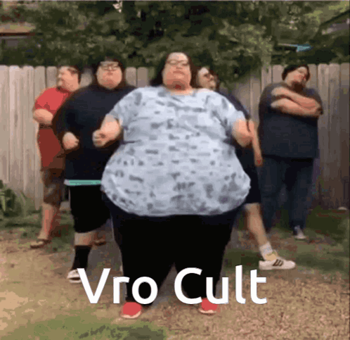 A Group Of Fat People Are Dancing In Front Of A Fence With The Words Vro Cult On The Bottom GIF