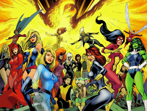 A Group Of Female Superheros Are Posing For A Photo GIF