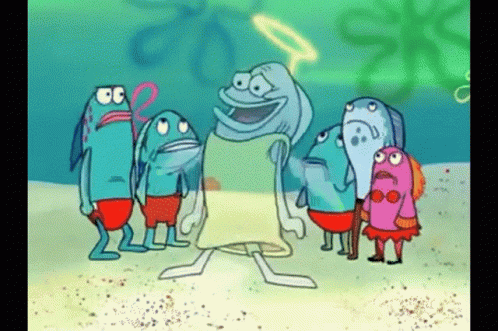 A Group Of Fish Are Standing Around A Cartoon Character With A Halo GIF