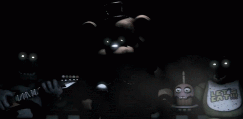 A Group Of Five Nights At Freddy 'S Characters Including Freddy The Bear GIF