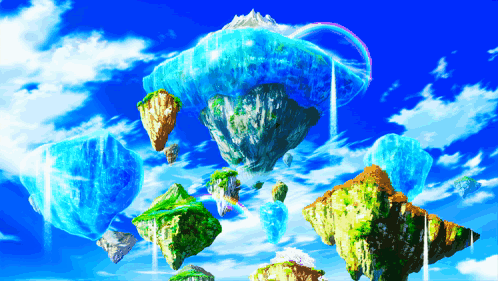 A Group Of Floating Islands In The Sky With A Rainbow In The Background GIF