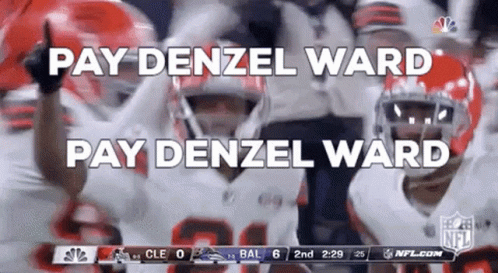 A Group Of Football Players Are Celebrating A Touchdown With The Words Pay Denzel Ward Pay Denzel Ward GIF