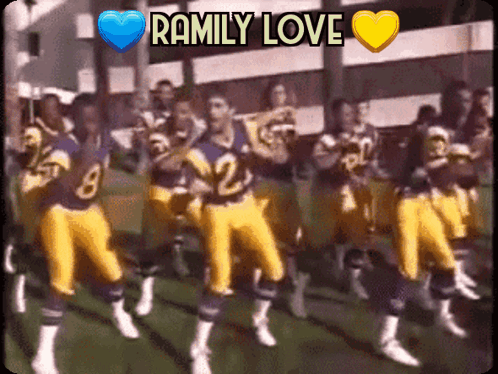 A Group Of Football Players Are Dancing With The Words Ramily Love On The Bottom GIF