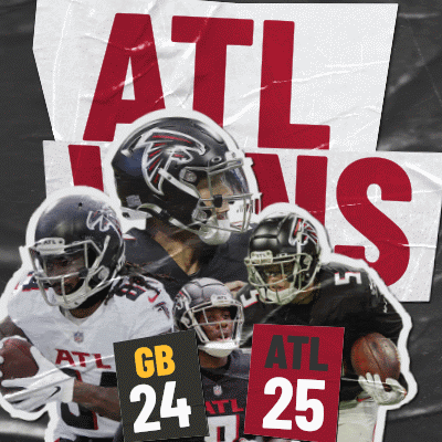 A Group Of Football Players Are Holding Up Signs That Say Gb 24 And Atl 25 GIF
