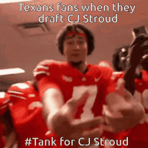 A Group Of Football Players Are Hugging Each Other With The Caption " Texans Fans When They Draft Cj Stroud GIF