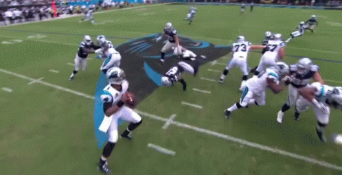 A Group Of Football Players Are Playing A Game On A Field With A Panthers Logo In The Background . GIF